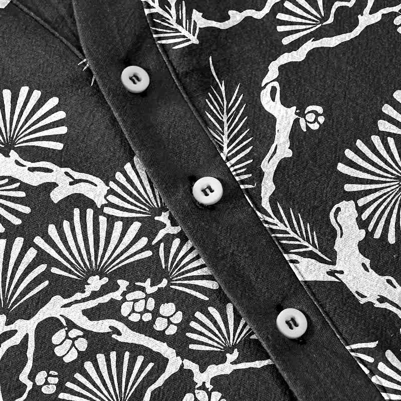 Nimara Ritual Cotton White Pine Needle Botanical Pattern Men's Short Sleeve Half Button Shirt