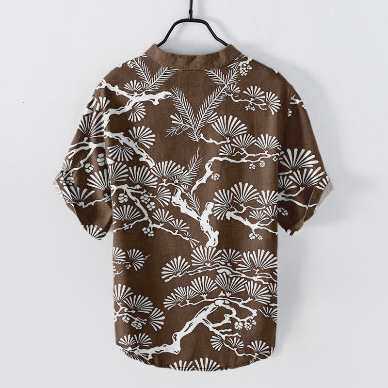Nimara Ritual Cotton White Pine Needle Botanical Pattern Men's Short Sleeve Half Button Shirt