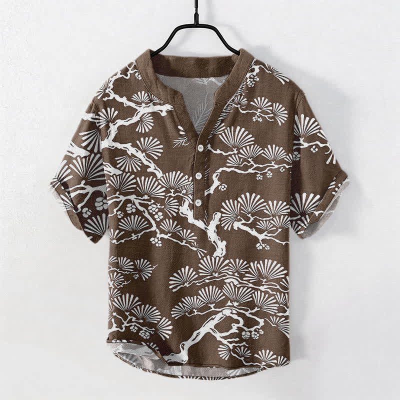 Nimara Ritual Cotton White Pine Needle Botanical Pattern Men's Short Sleeve Half Button Shirt