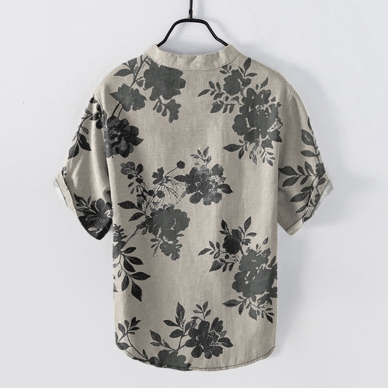 Nimara Ritual Cotton Oversized Charcoal Floral Pattern Men's Short Sleeve Half Button Shirt