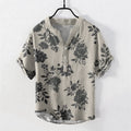 Nimara Ritual Cotton Oversized Charcoal Floral Pattern Men's Short Sleeve Half Button Shirt