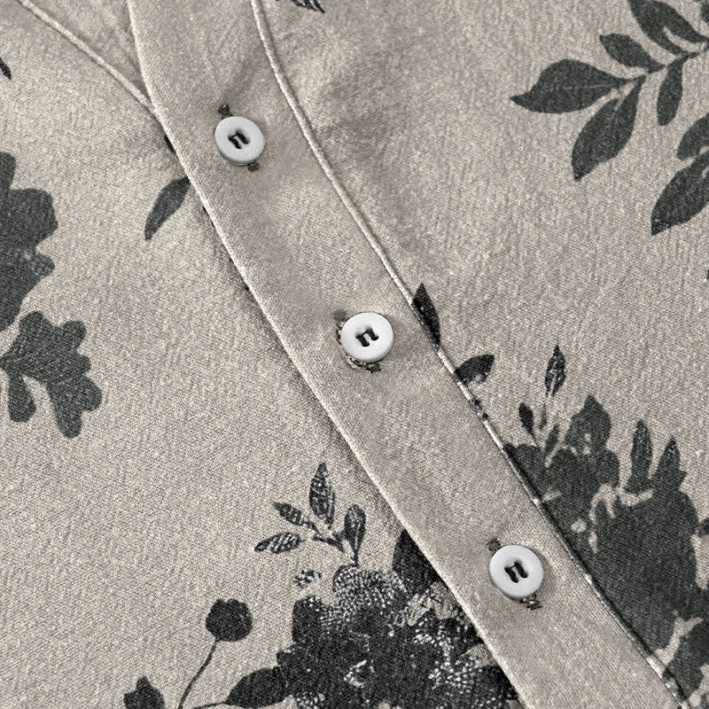 Nimara Ritual Cotton Oversized Charcoal Floral Pattern Men's Short Sleeve Half Button Shirt