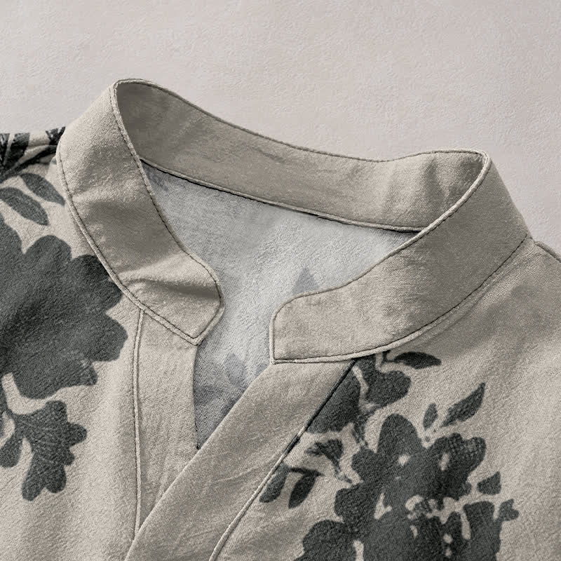 Nimara Ritual Cotton Oversized Charcoal Floral Pattern Men's Short Sleeve Half Button Shirt