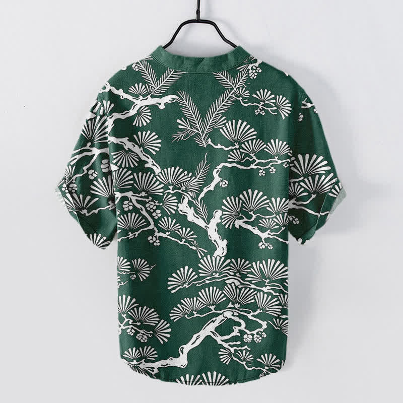 Nimara Ritual Cotton White Pine Needle Botanical Pattern Men's Short Sleeve Half Button Shirt
