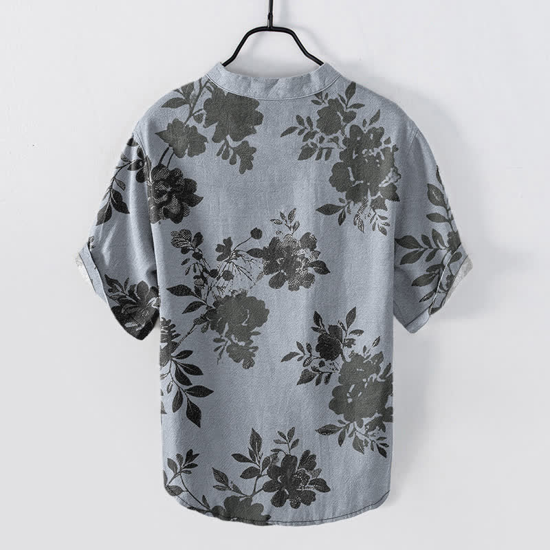 Nimara Ritual Cotton Oversized Charcoal Floral Pattern Men's Short Sleeve Half Button Shirt