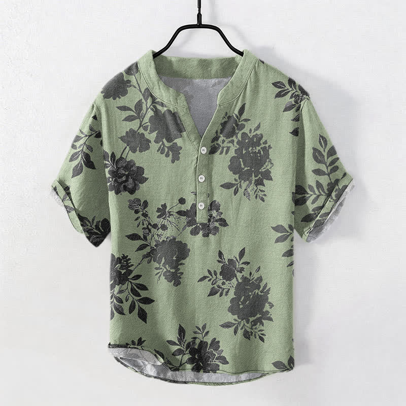 Nimara Ritual Cotton Oversized Charcoal Floral Pattern Men's Short Sleeve Half Button Shirt