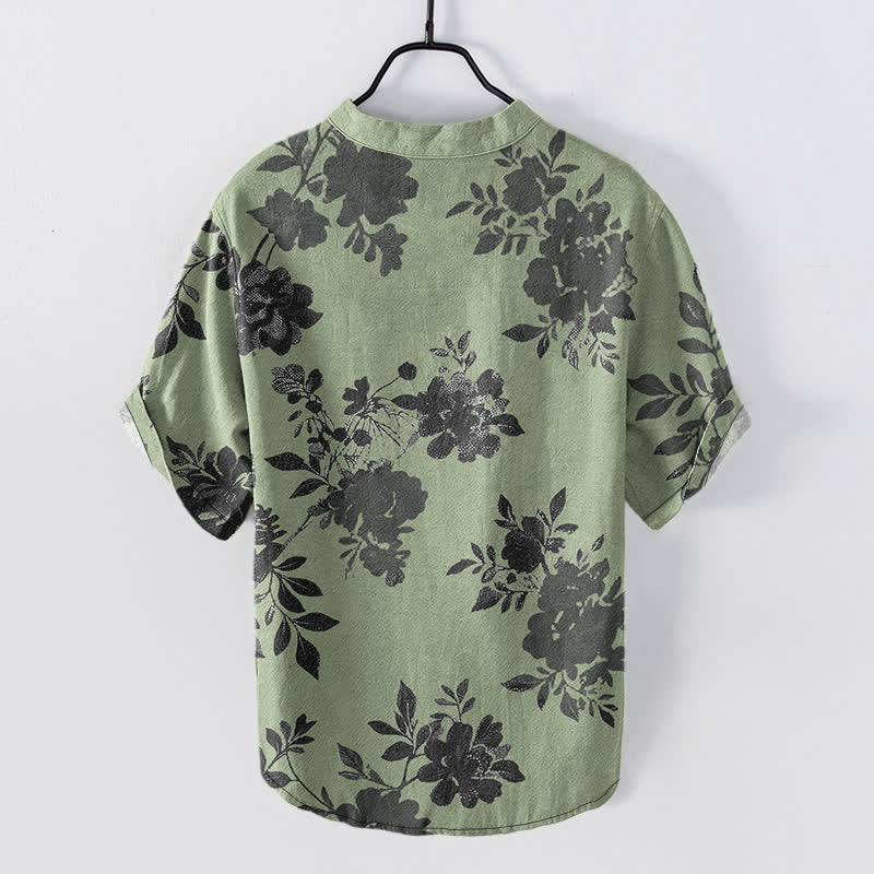 Nimara Ritual Cotton Oversized Charcoal Floral Pattern Men's Short Sleeve Half Button Shirt