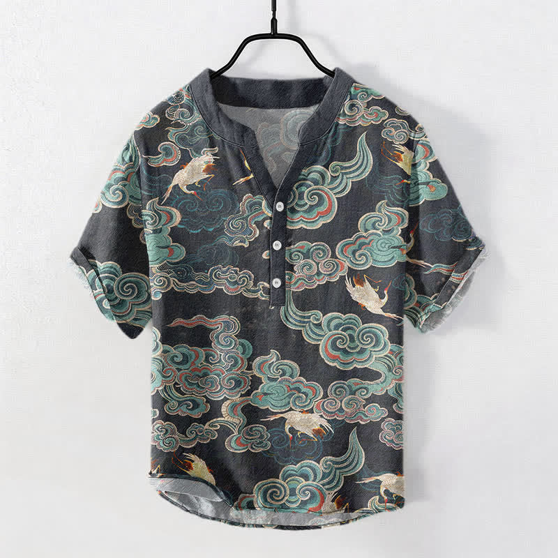 Nimara Ritual Cotton Koi Fish Lotus Pattern Men's Short Sleeve Half Button Shirt