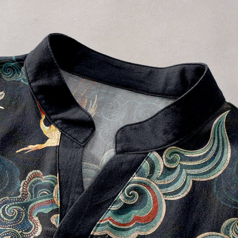 Nimara Ritual Cotton Koi Fish Lotus Pattern Men's Short Sleeve Half Button Shirt