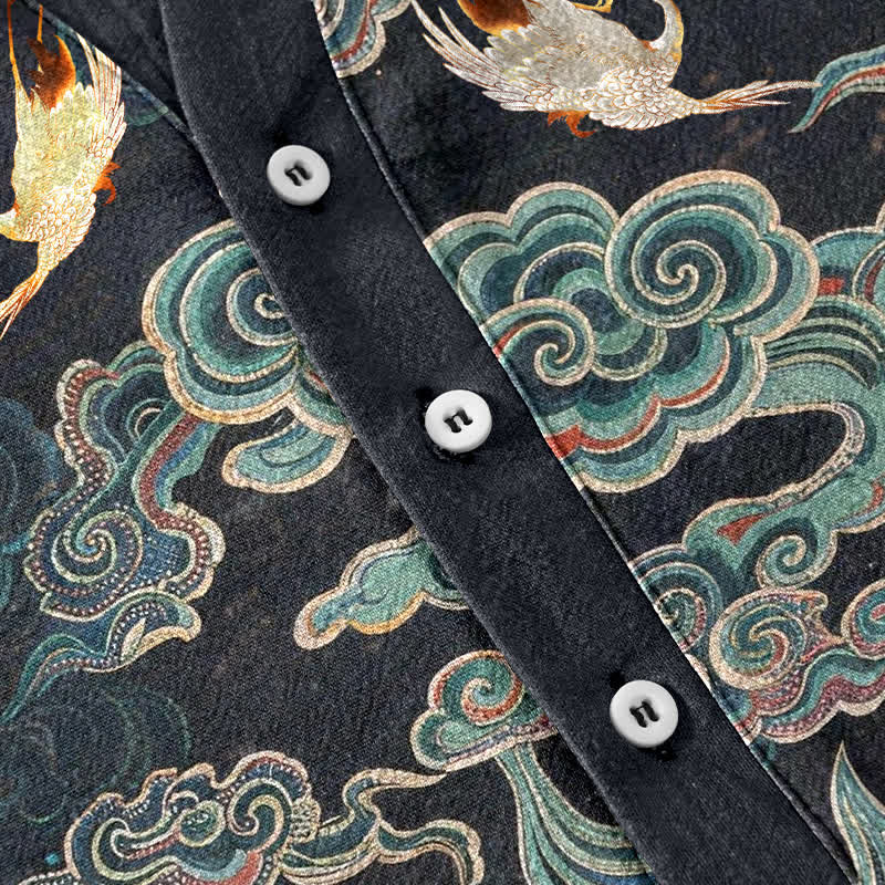 Nimara Ritual Cotton Koi Fish Lotus Pattern Men's Short Sleeve Half Button Shirt