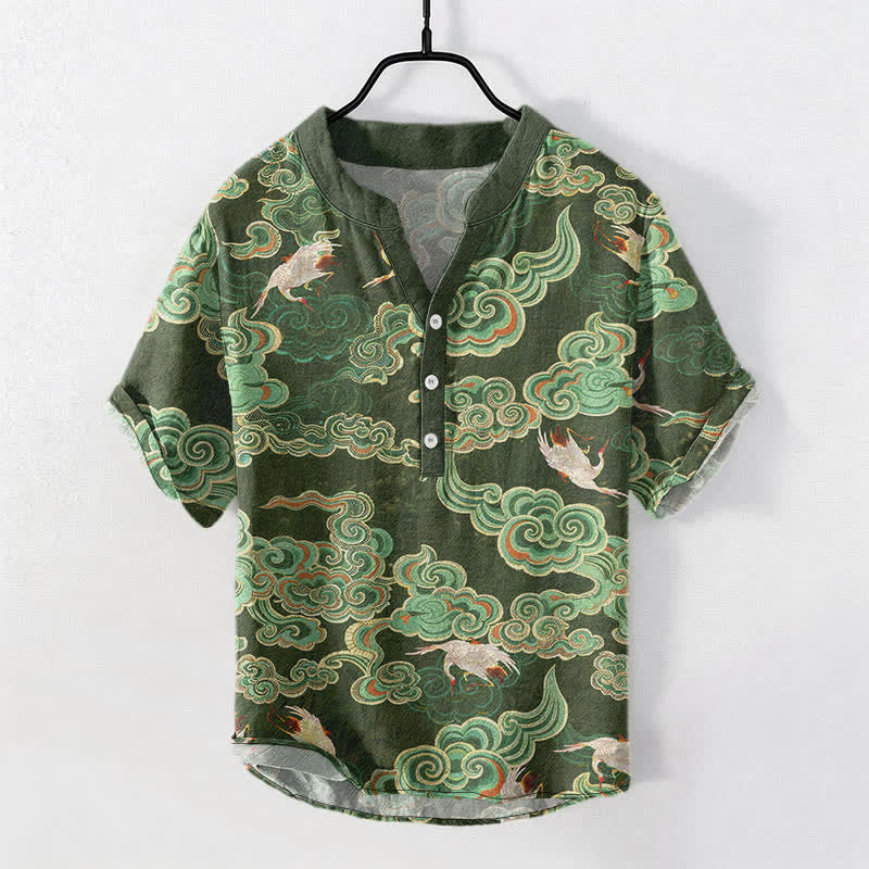 Nimara Ritual Cotton Koi Fish Lotus Pattern Men's Short Sleeve Half Button Shirt