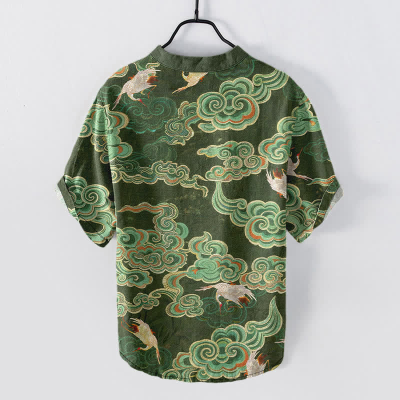Nimara Ritual Cotton Koi Fish Lotus Pattern Men's Short Sleeve Half Button Shirt