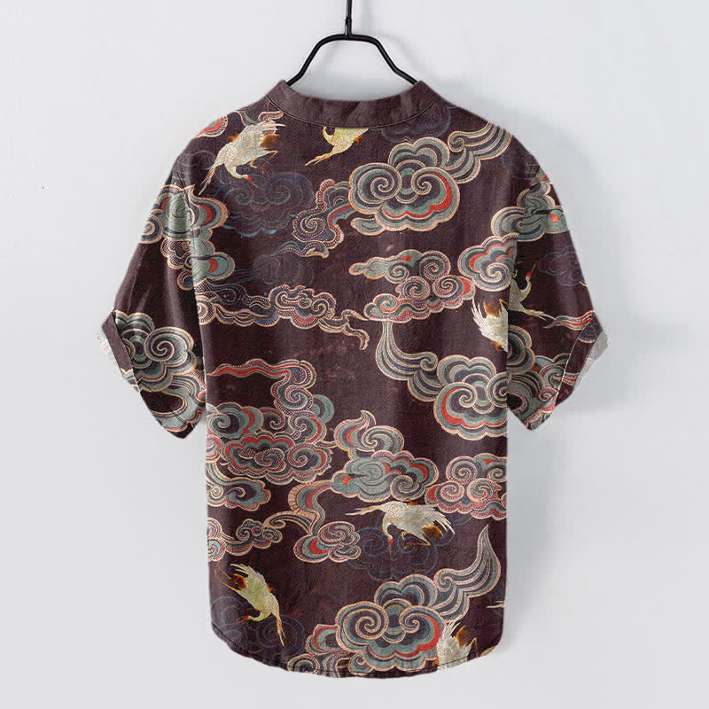 Nimara Ritual Cotton Koi Fish Lotus Pattern Men's Short Sleeve Half Button Shirt