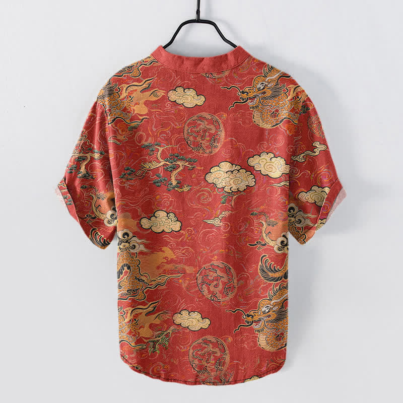 Nimara Ritual Cotton Golden Dragon Cloud Pattern Men's Short Sleeve Half Button Shirt
