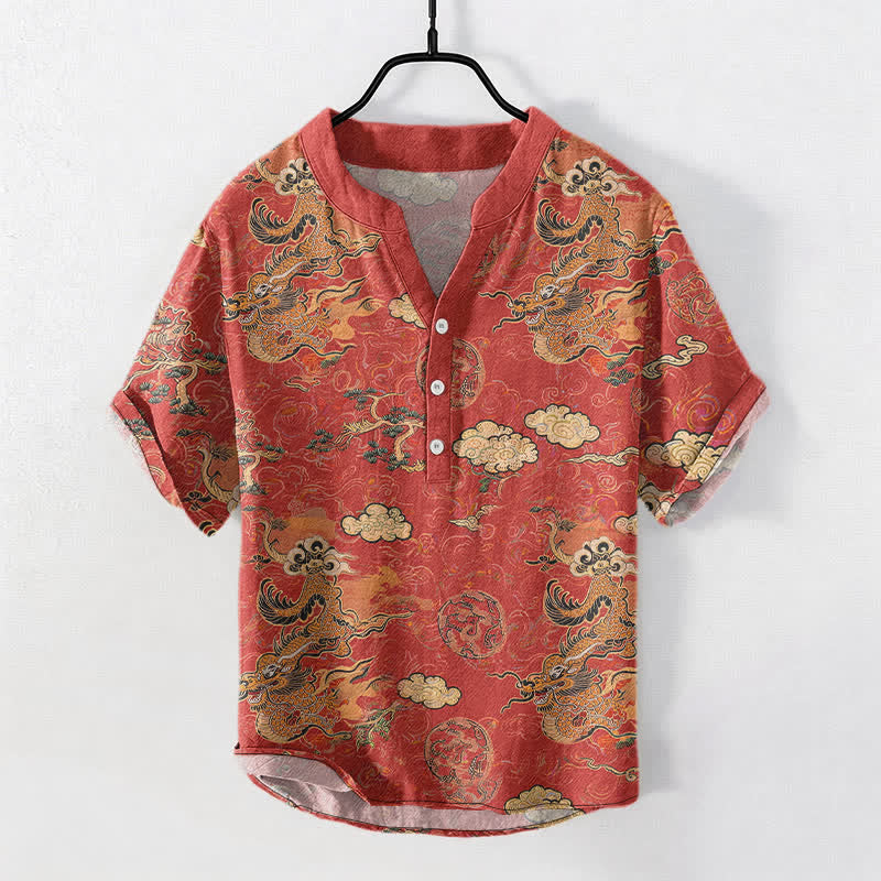 Nimara Ritual Cotton Golden Dragon Cloud Pattern Men's Short Sleeve Half Button Shirt