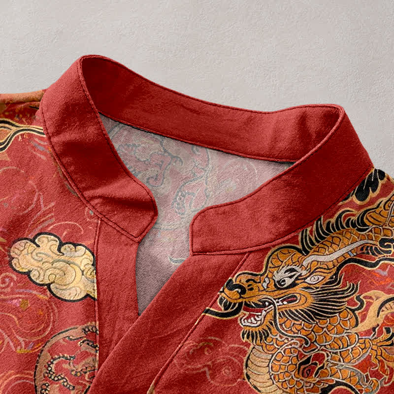 Nimara Ritual Cotton Golden Dragon Cloud Pattern Men's Short Sleeve Half Button Shirt