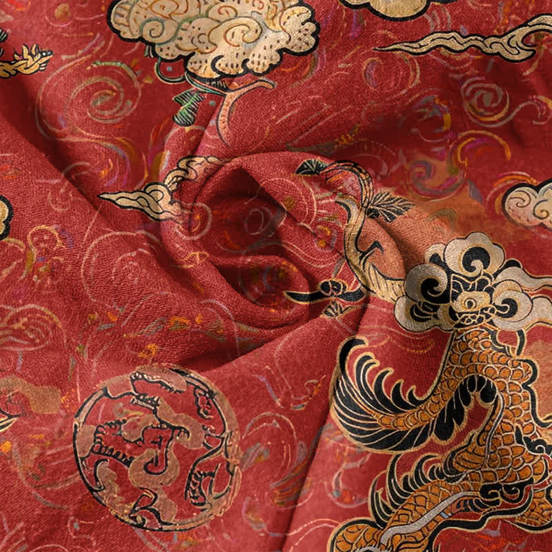 Nimara Ritual Cotton Golden Dragon Cloud Pattern Men's Short Sleeve Half Button Shirt