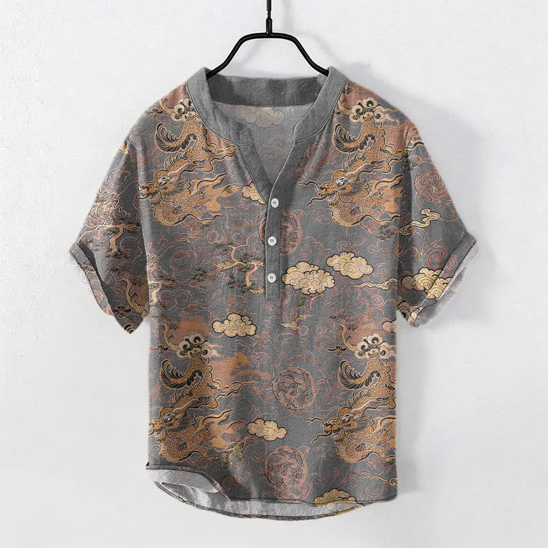 Nimara Ritual Cotton Golden Dragon Cloud Pattern Men's Short Sleeve Half Button Shirt
