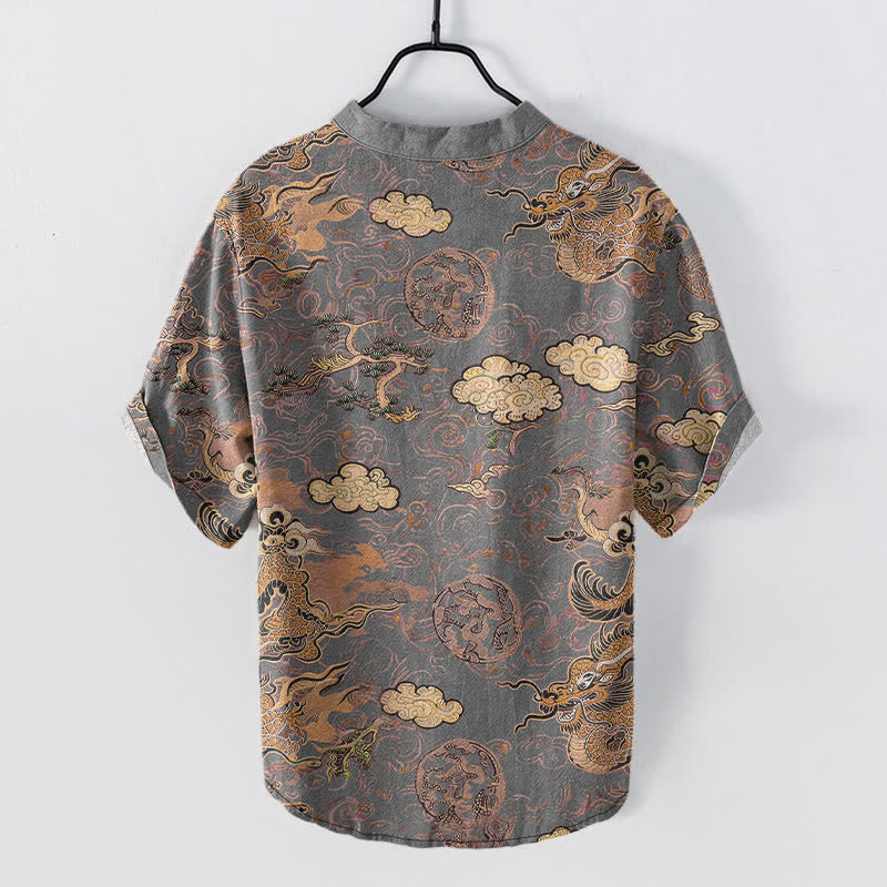 Nimara Ritual Cotton Golden Dragon Cloud Pattern Men's Short Sleeve Half Button Shirt