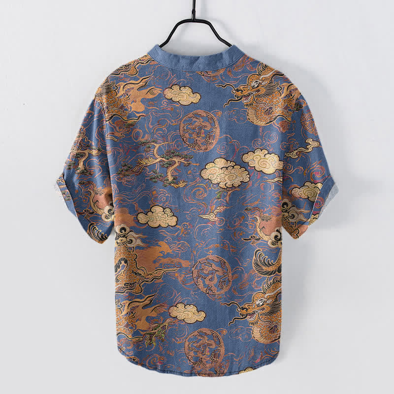 Nimara Ritual Cotton Golden Dragon Cloud Pattern Men's Short Sleeve Half Button Shirt