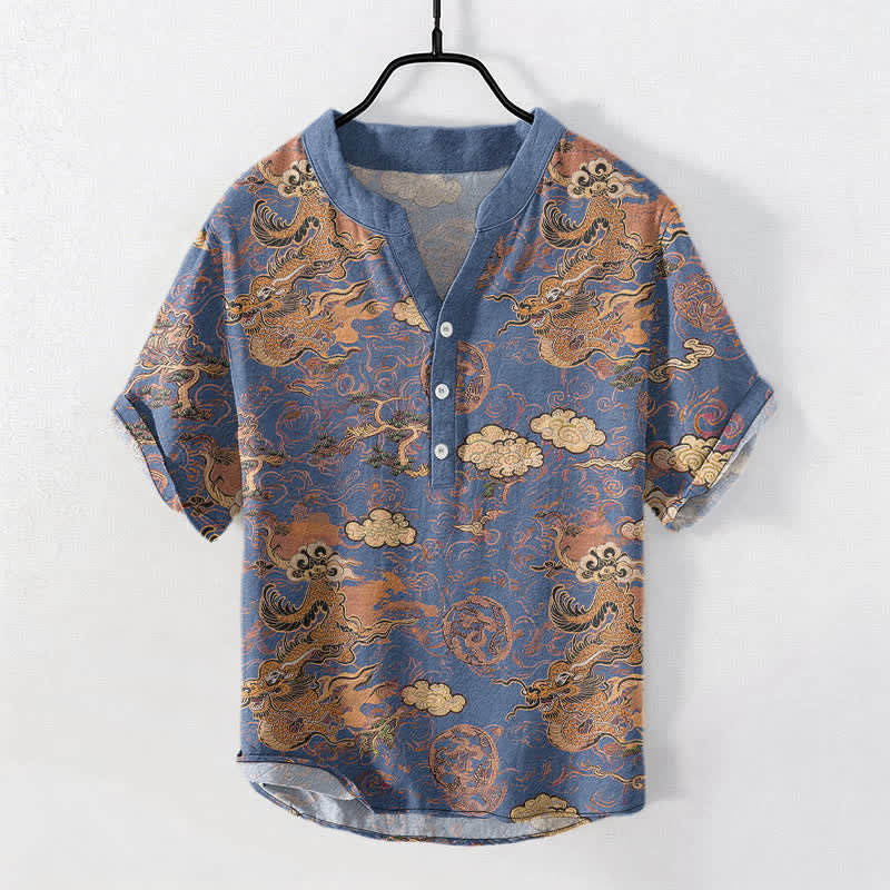 Nimara Ritual Cotton Golden Dragon Cloud Pattern Men's Short Sleeve Half Button Shirt
