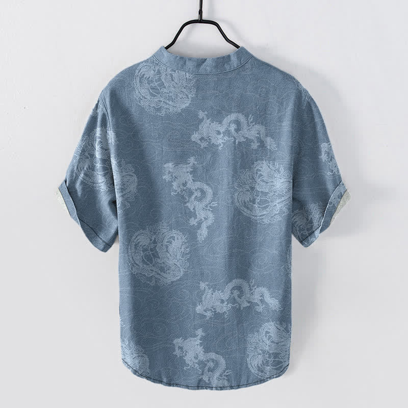 Nimara Ritual Cotton Faded Indigo Dragon Pattern Men's Short Sleeve Half Button Shirt