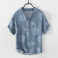 Nimara Ritual Cotton Faded Indigo Dragon Pattern Men's Short Sleeve Half Button Shirt