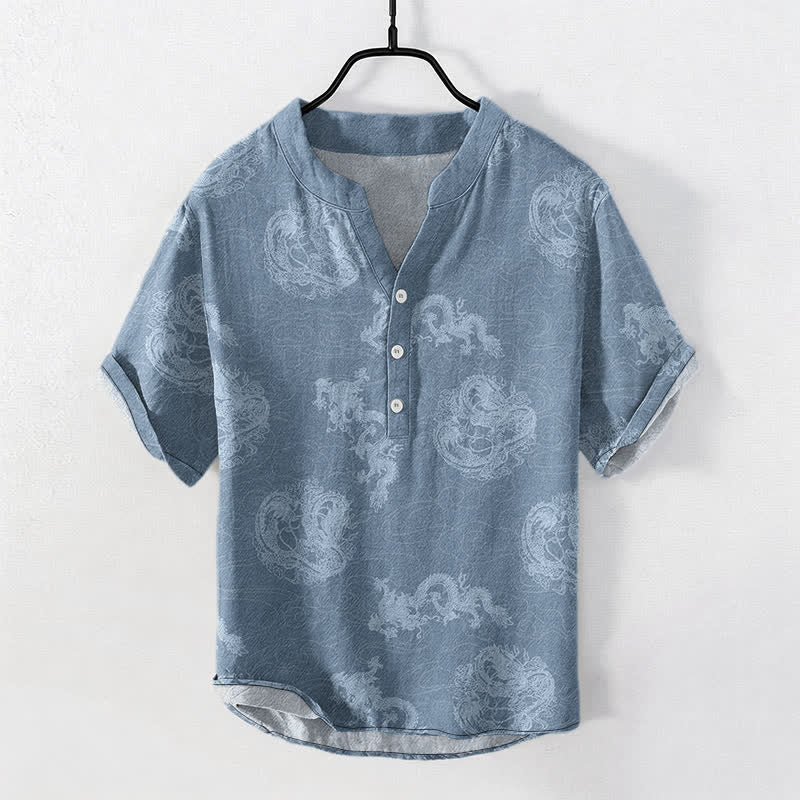Nimara Ritual Cotton Faded Indigo Dragon Pattern Men's Short Sleeve Half Button Shirt