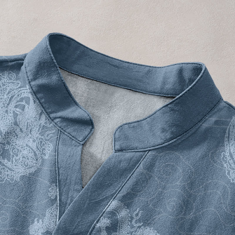Nimara Ritual Cotton Faded Indigo Dragon Pattern Men's Short Sleeve Half Button Shirt