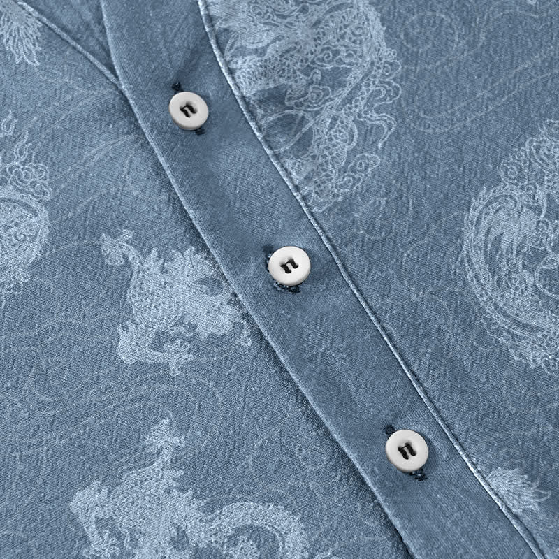 Nimara Ritual Cotton Faded Indigo Dragon Pattern Men's Short Sleeve Half Button Shirt