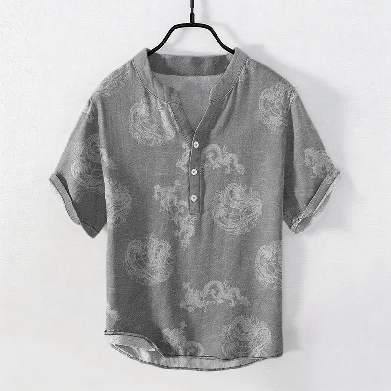 Nimara Ritual Cotton Faded Indigo Dragon Pattern Men's Short Sleeve Half Button Shirt