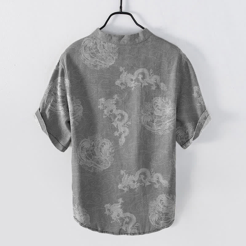 Nimara Ritual Cotton Faded Indigo Dragon Pattern Men's Short Sleeve Half Button Shirt