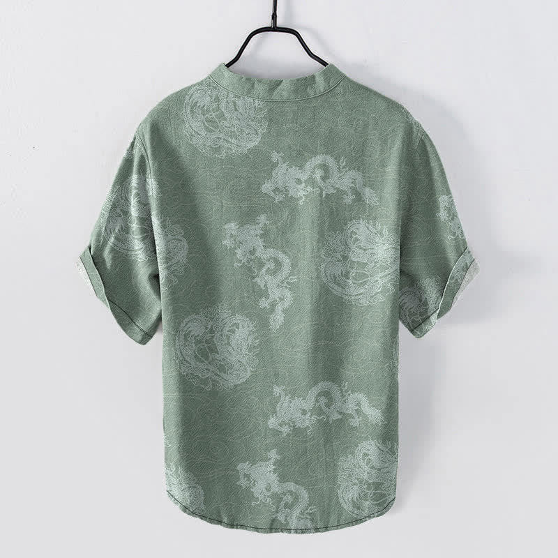 Nimara Ritual Cotton Faded Indigo Dragon Pattern Men's Short Sleeve Half Button Shirt