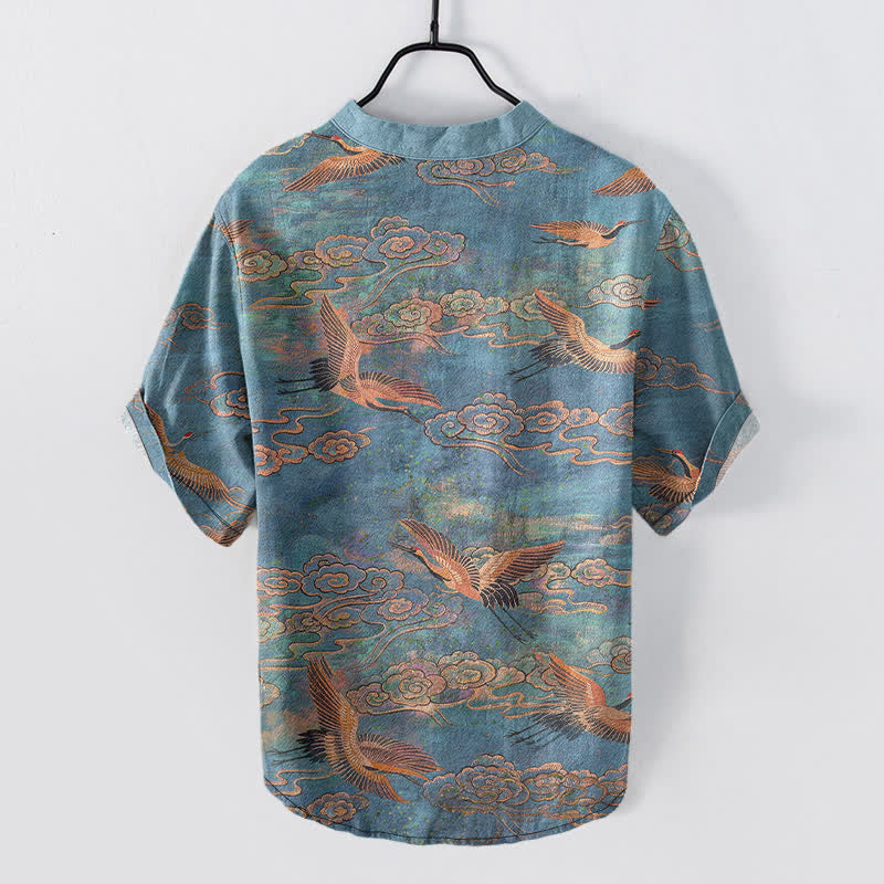 Nimara Ritual Cotton Flying Crane Cloud Pattern Men's Short Sleeve Half Button Shirt