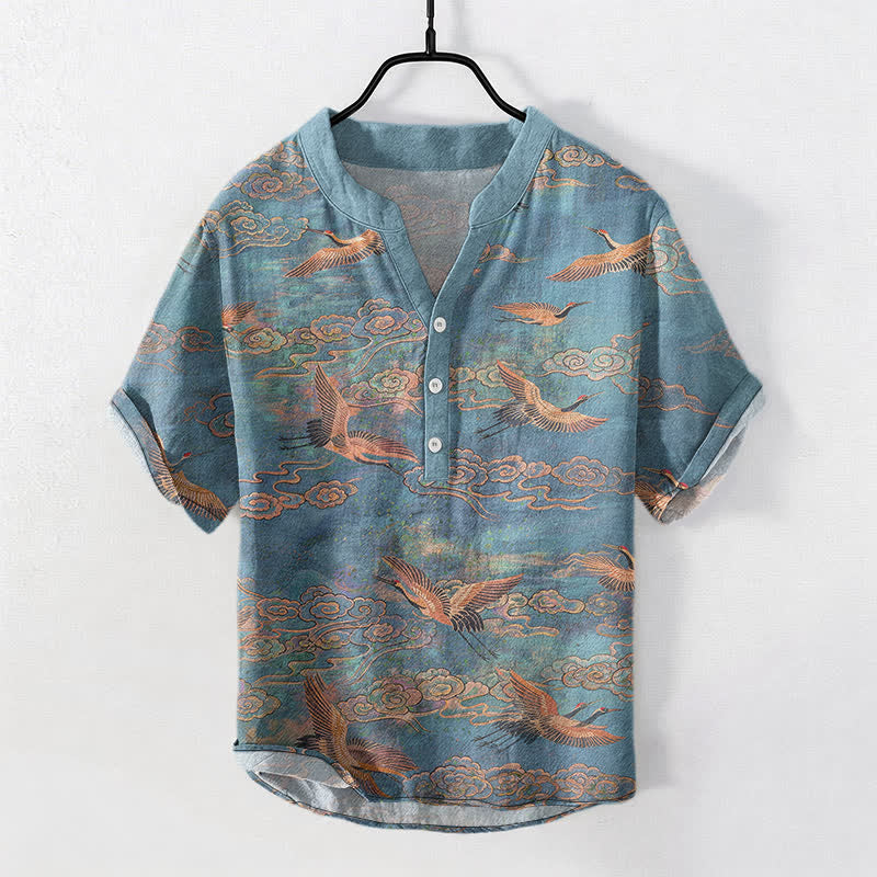 Nimara Ritual Cotton Flying Crane Cloud Pattern Men's Short Sleeve Half Button Shirt
