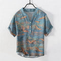Nimara Ritual Cotton Flying Crane Cloud Pattern Men's Short Sleeve Half Button Shirt