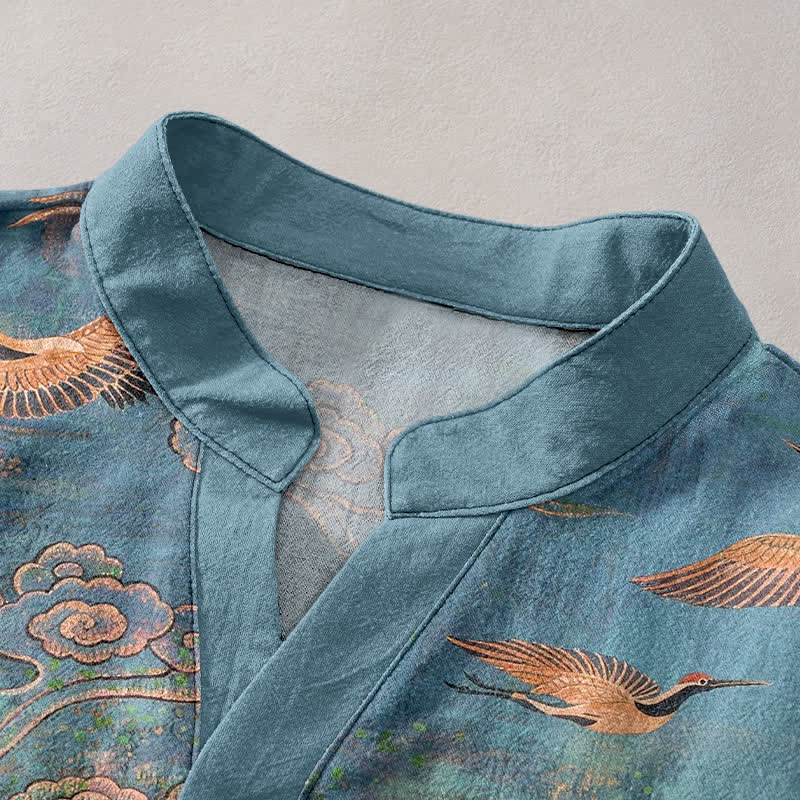 Nimara Ritual Cotton Flying Crane Cloud Pattern Men's Short Sleeve Half Button Shirt