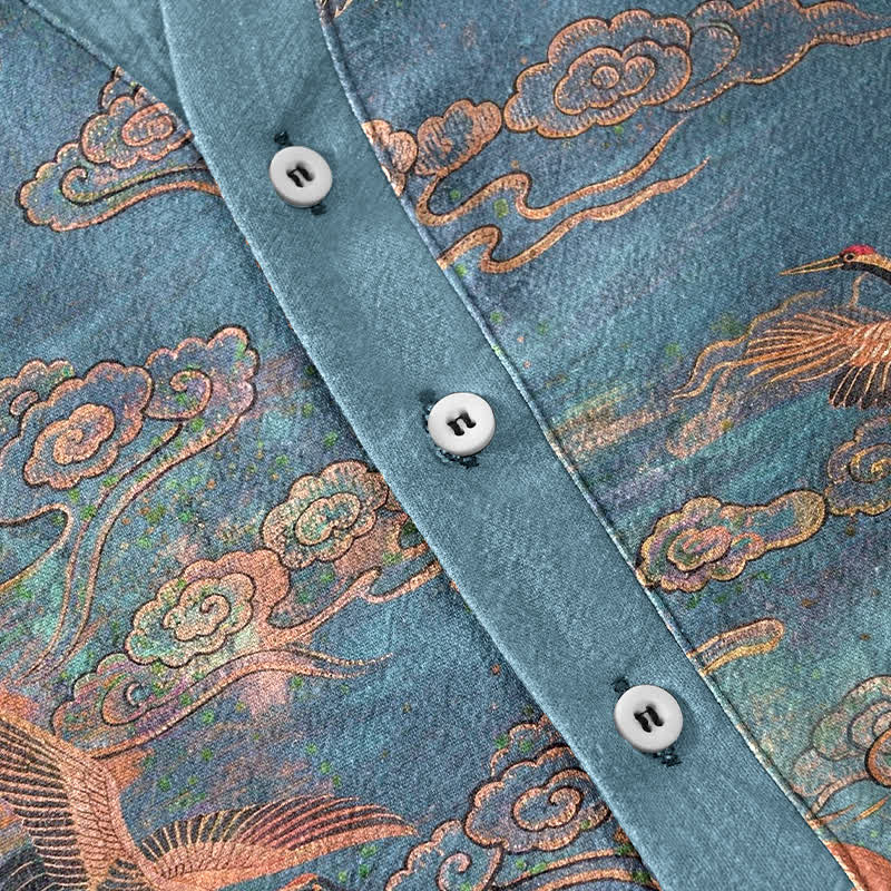 Nimara Ritual Cotton Flying Crane Cloud Pattern Men's Short Sleeve Half Button Shirt