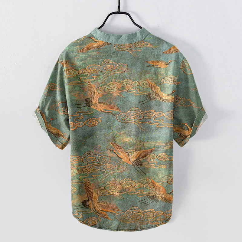 Nimara Ritual Cotton Flying Crane Cloud Pattern Men's Short Sleeve Half Button Shirt