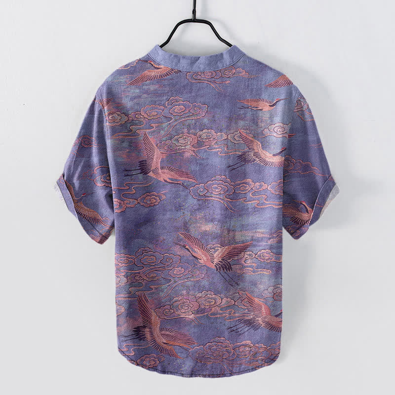 Nimara Ritual Cotton Flying Crane Cloud Pattern Men's Short Sleeve Half Button Shirt