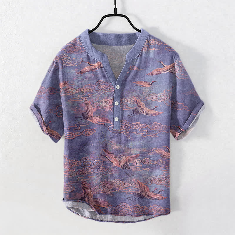 Nimara Ritual Cotton Flying Crane Cloud Pattern Men's Short Sleeve Half Button Shirt