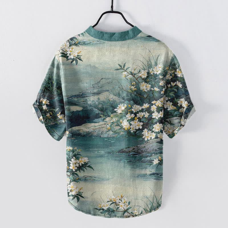 Nimara Ritual Cotton Watercolor Floral Landscape Pattern Men's Short Sleeve Half Button Shirt