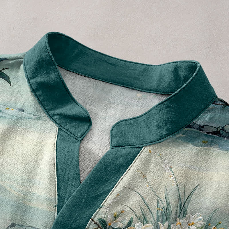 Nimara Ritual Cotton Watercolor Floral Landscape Pattern Men's Short Sleeve Half Button Shirt