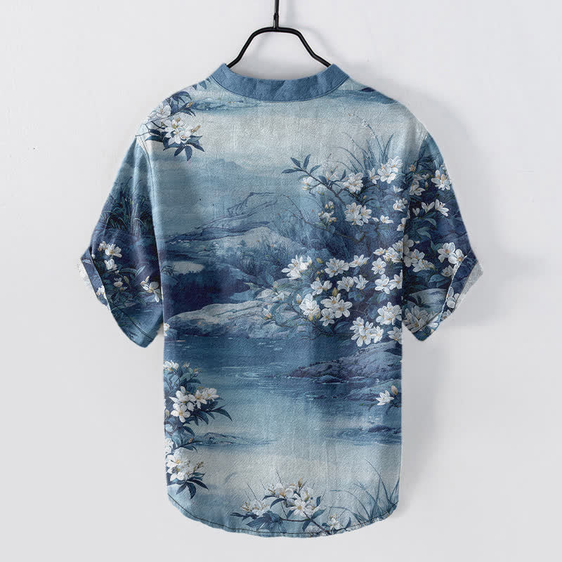 Nimara Ritual Cotton Watercolor Floral Landscape Pattern Men's Short Sleeve Half Button Shirt