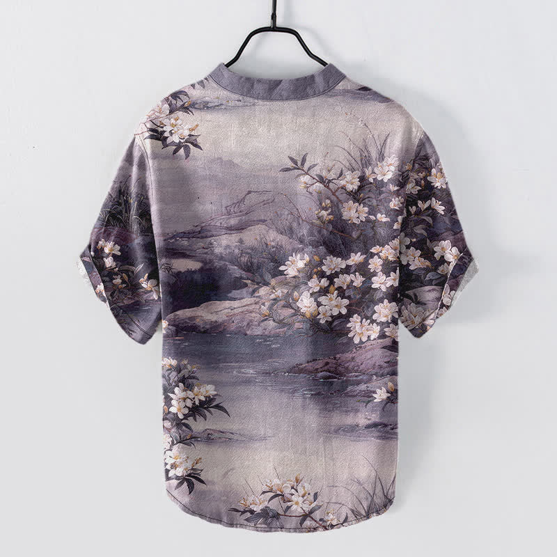 Nimara Ritual Cotton Watercolor Floral Landscape Pattern Men's Short Sleeve Half Button Shirt
