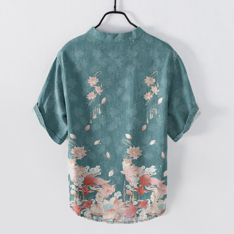 Nimara Ritual Cotton Lotus Pattern Men's Short Sleeve Half Button Shirt