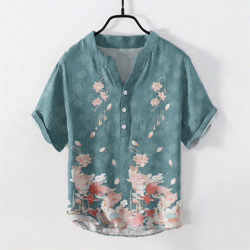 Nimara Ritual Cotton Lotus Pattern Men's Short Sleeve Half Button Shirt