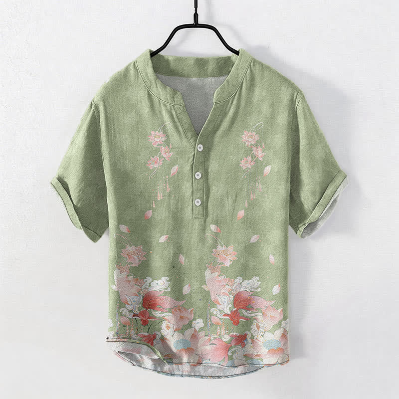 Nimara Ritual Cotton Lotus Pattern Men's Short Sleeve Half Button Shirt