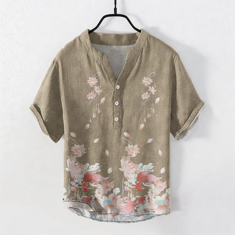 Nimara Ritual Cotton Lotus Pattern Men's Short Sleeve Half Button Shirt