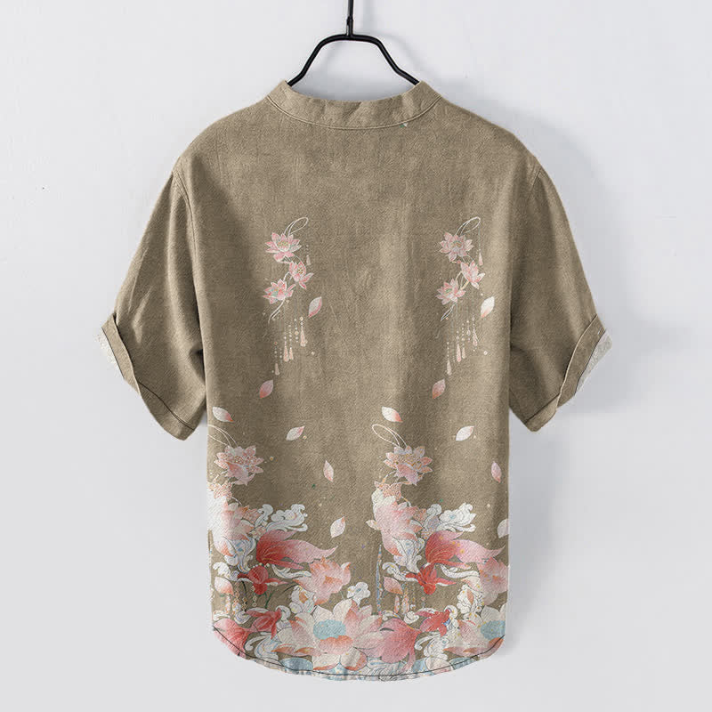 Nimara Ritual Cotton Lotus Pattern Men's Short Sleeve Half Button Shirt